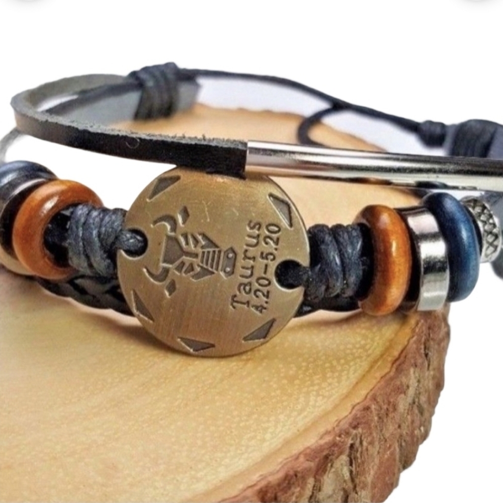 Horoscope Bracelet Black Leather Cords Adjustable Libra Taurus Aquarius *
